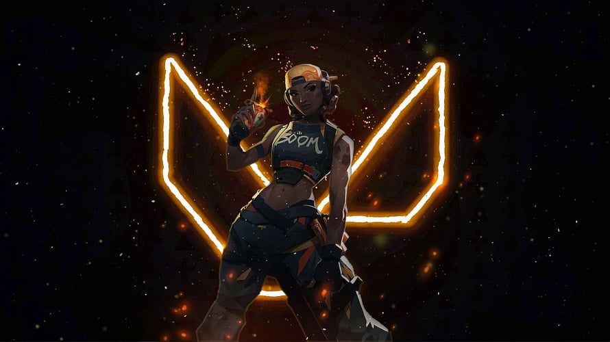Dynamite character from Valorant holding a lit explosive with glowing orange wings background HD wallpaper
