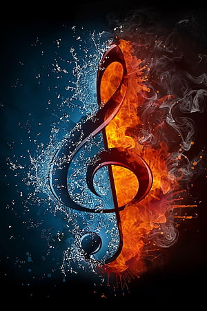Dramatic Treble Clef Split by Fire and Water Elements on Dark Background HD phone wallpaper