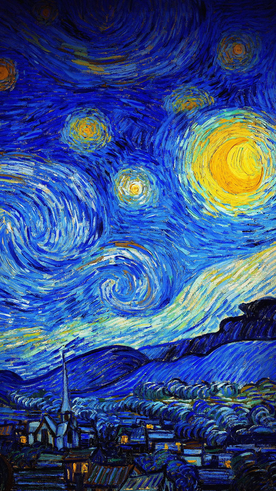 The Starry Night by Vincent van Gogh - Iconic Post-Impressionist Oil Painting of Swirling Night Sky HD phone wallpaper