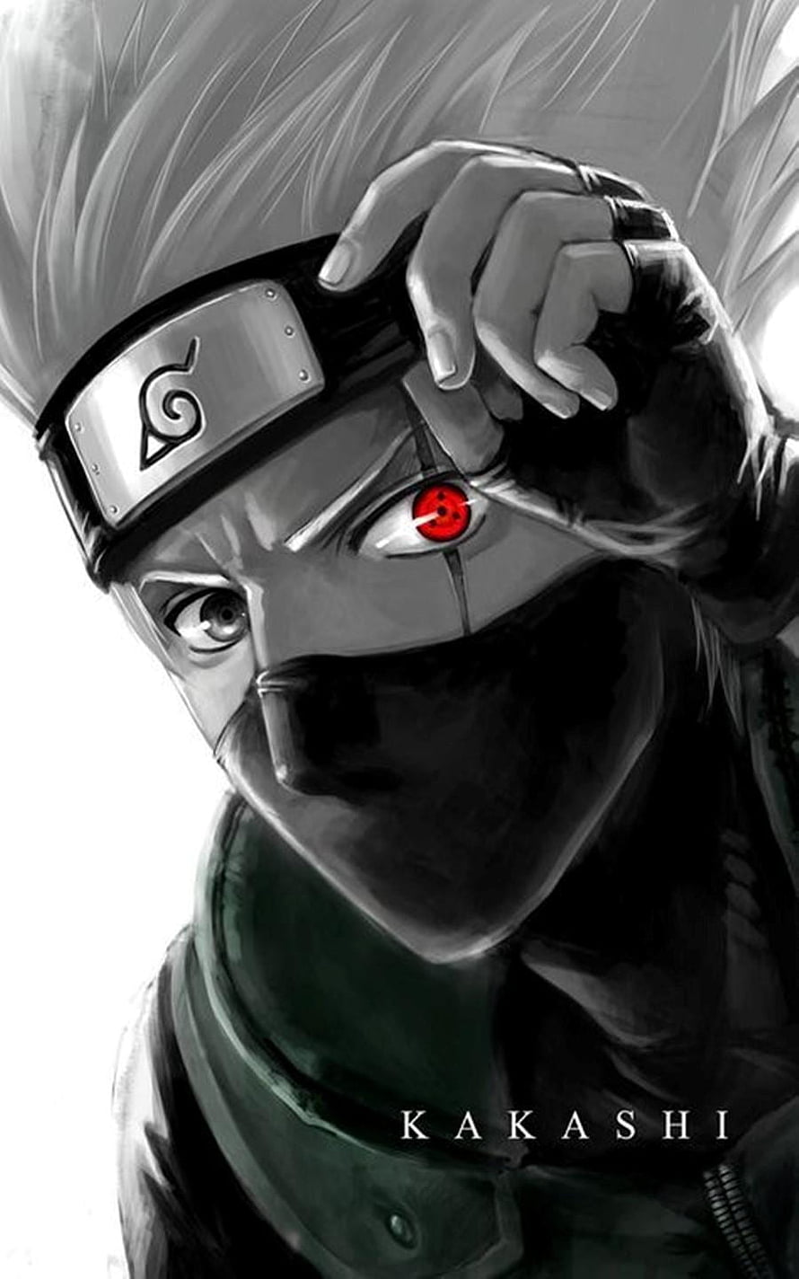 Kakashi Hatake Sharingan Eye Reveal in Monochrome Anime Art HD phone wallpaper