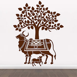 Kamdhenu Cow and Calf Wall Decal with Tree and Traditional Indian Decorative Pattern HD phone wallpaper