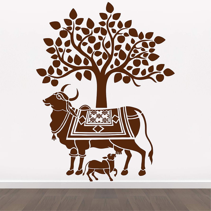 Kamdhenu Cow and Calf Wall Decal with Tree and Traditional Indian Decorative Pattern HD phone wallpaper