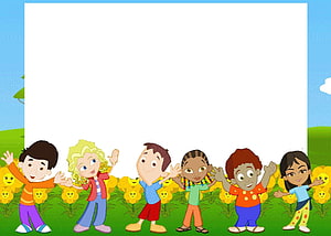 Cartoon Diverse Children Waving In Sunflower Field With Blank White Board HD wallpaper