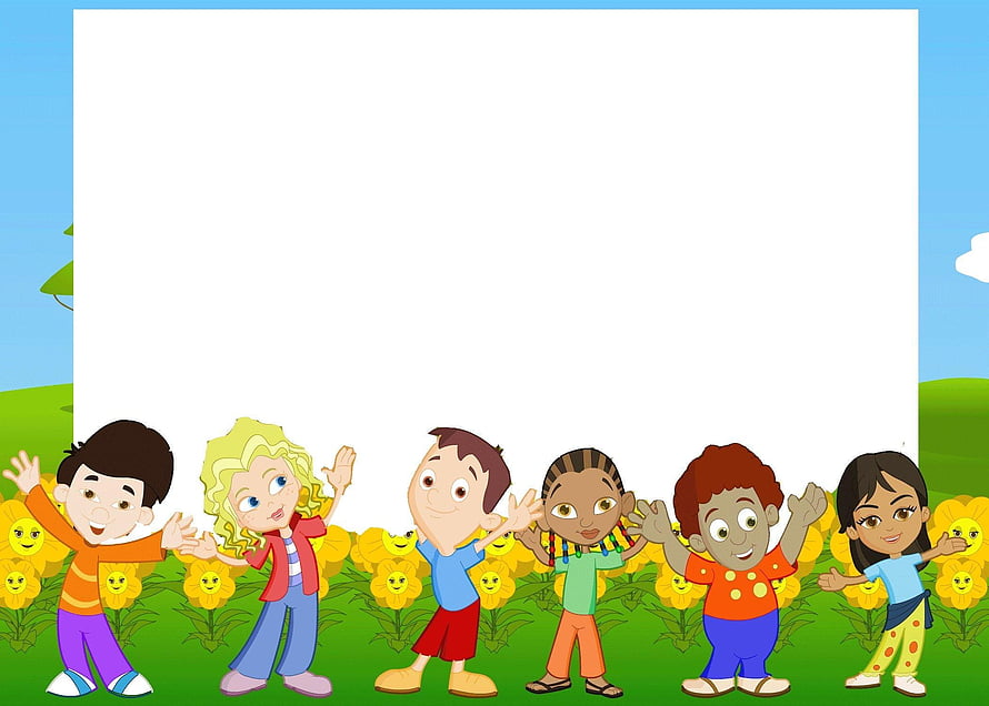 Cartoon Diverse Children Waving In Sunflower Field With Blank White Board HD wallpaper