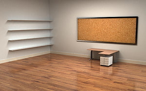 Minimalist Empty Office Room With Wooden Floor, Cork Board, And Shelves HD wallpaper