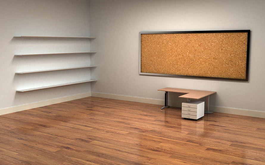 Minimalist Empty Office Room With Wooden Floor, Cork Board, And Shelves HD wallpaper