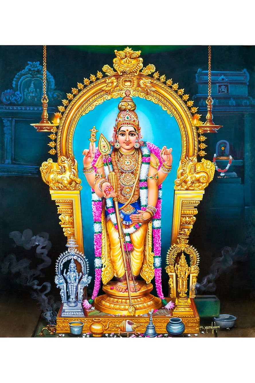 Thiruchendur Murugan deity illustration in ornate golden temple frame with floral garlands and ritual offerings HD phone wallpaper