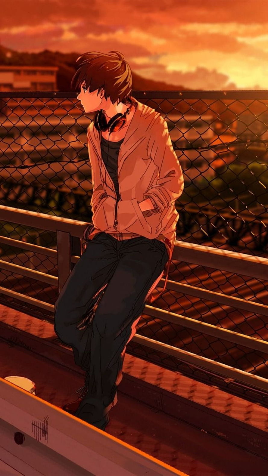 Anime Boy With Headphones Leaning On Fence At Sunset HD phone wallpaper