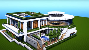 Modern Minecraft House Design with Rooftop Garden and Pool HD wallpaper