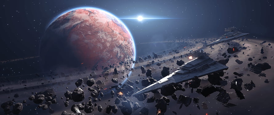 Imperial Star Destroyers Navigating Asteroid Field Near Red Planet HD wallpaper