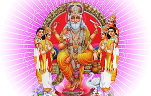 Lord Vishwakarma Deity Illustration with Attendants and Sacred Swan HD wallpaper
