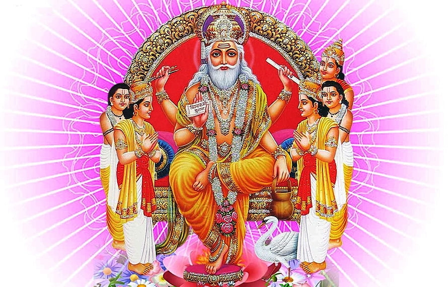 Lord Vishwakarma Deity Illustration with Attendants and Sacred Swan HD wallpaper