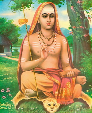 Sage Durvasa Hindu Mythology Painting Sitting on Tiger Skin with Staff and Beads HD phone wallpaper