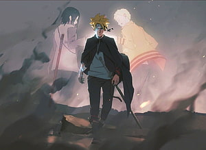 Boruto Uzumaki Walking Through Smoke With Sasuke and Naruto in Background HD wallpaper