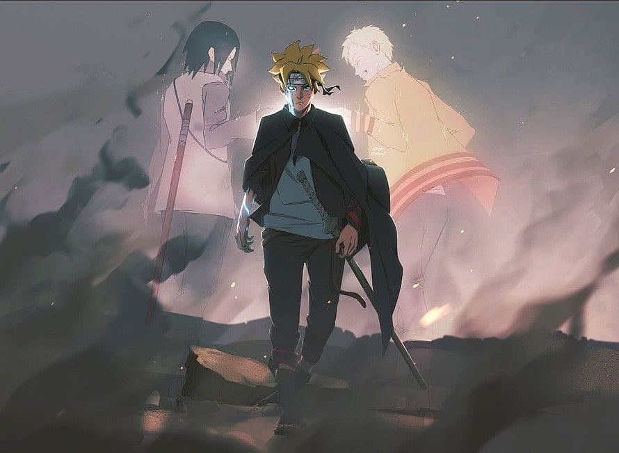 Boruto Uzumaki Walking Through Smoke With Sasuke and Naruto in Background HD wallpaper