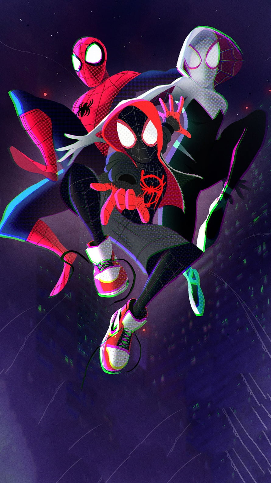 Miles Morales and Gwen Stacy in Spider-Verse Style Over a Neon City Skyline HD phone wallpaper