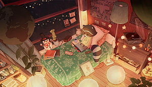 Cozy Raccoon Studying in a Warm Bedroom with Snowy Window and String Lights HD wallpaper