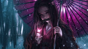 Nezuko Kamado from Demon Slayer Holding a Glowing Butterfly Under a Purple Umbrella in Snow HD wallpaper
