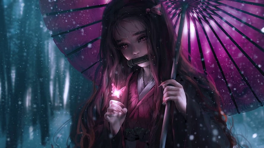 Nezuko Kamado from Demon Slayer Holding a Glowing Butterfly Under a Purple Umbrella in Snow HD wallpaper