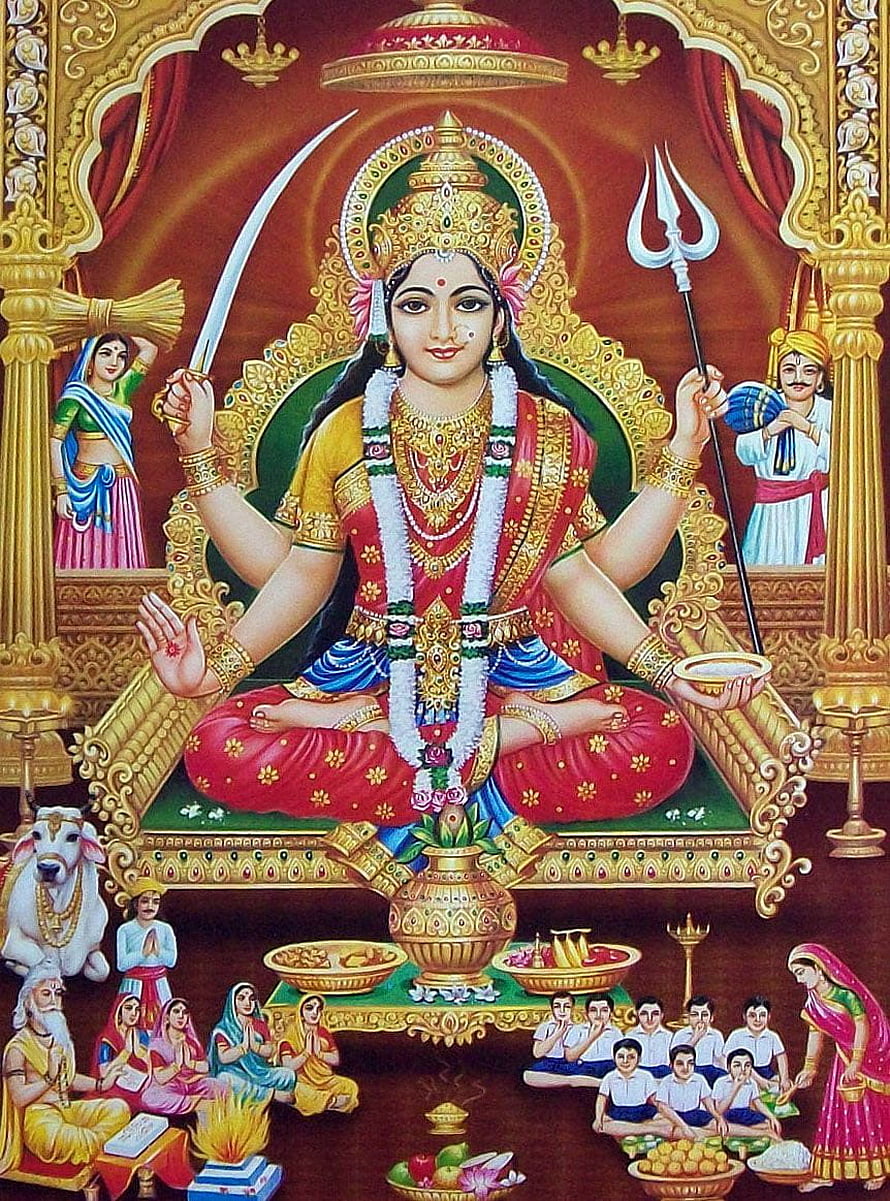 Santoshi Maa Four-Handed Deity with Sword and Trident in Ornate Temple Setting HD phone wallpaper