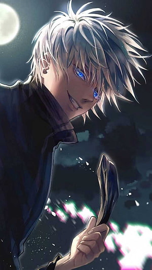 Gojo Satoru Anime Character with Blue Eyes and White Hair Under Moonlight HD phone wallpaper