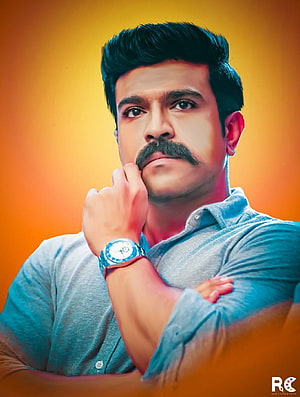 Portrait of Indian actor Ram Charan in a blue shirt with a watch against an orange background HD phone wallpaper