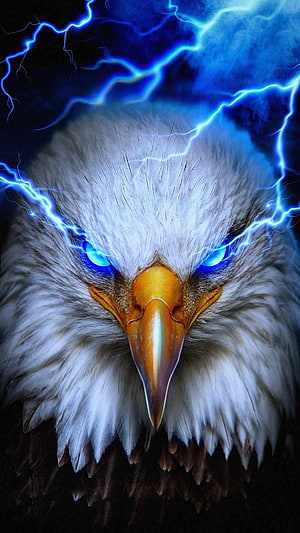 Majestic Bald Eagle With Glowing Blue Eyes And Lightning Storm Background HD phone wallpaper