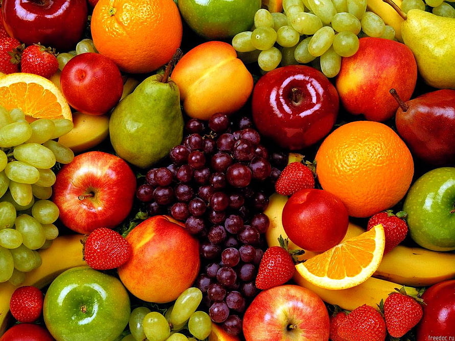 Vibrant Assortment of Fresh Fruits Including Apples, Oranges, Grapes, and Strawberries HD wallpaper