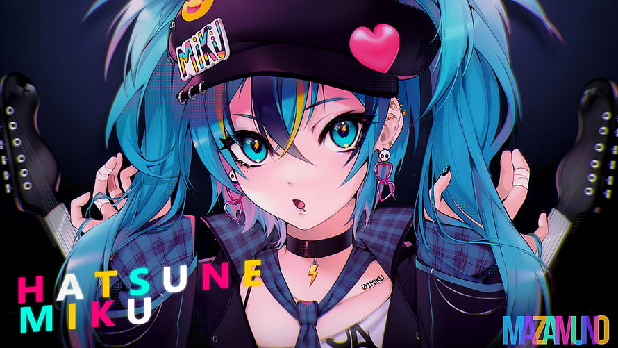Hatsune Miku Punk Rock Girl with Blue Twin Tails and Electric Guitars HD wallpaper
