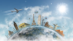 World Travel Concept With Global Landmarks, Airplane, and Hot Air Balloons Above Earth HD wallpaper