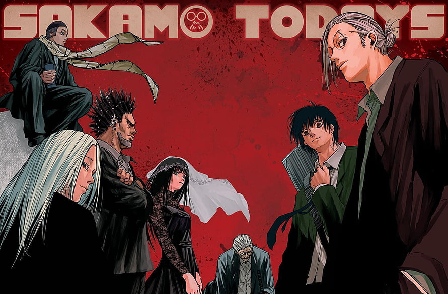 Sakamoto Days anime cast group art featuring Sakamoto and characters on red background HD wallpaper