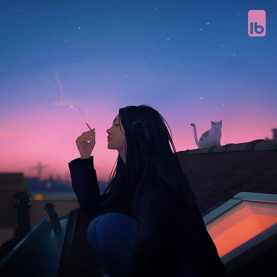 Lofi Bloom Girl Smoking on Rooftop at Dusk with Cat and Starry Sky HD phone wallpaper