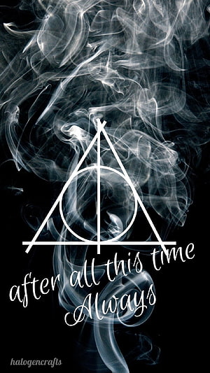 Harry Potter Deathly Hallows Symbol with Ethereal Smoke and Always Text HD phone wallpaper