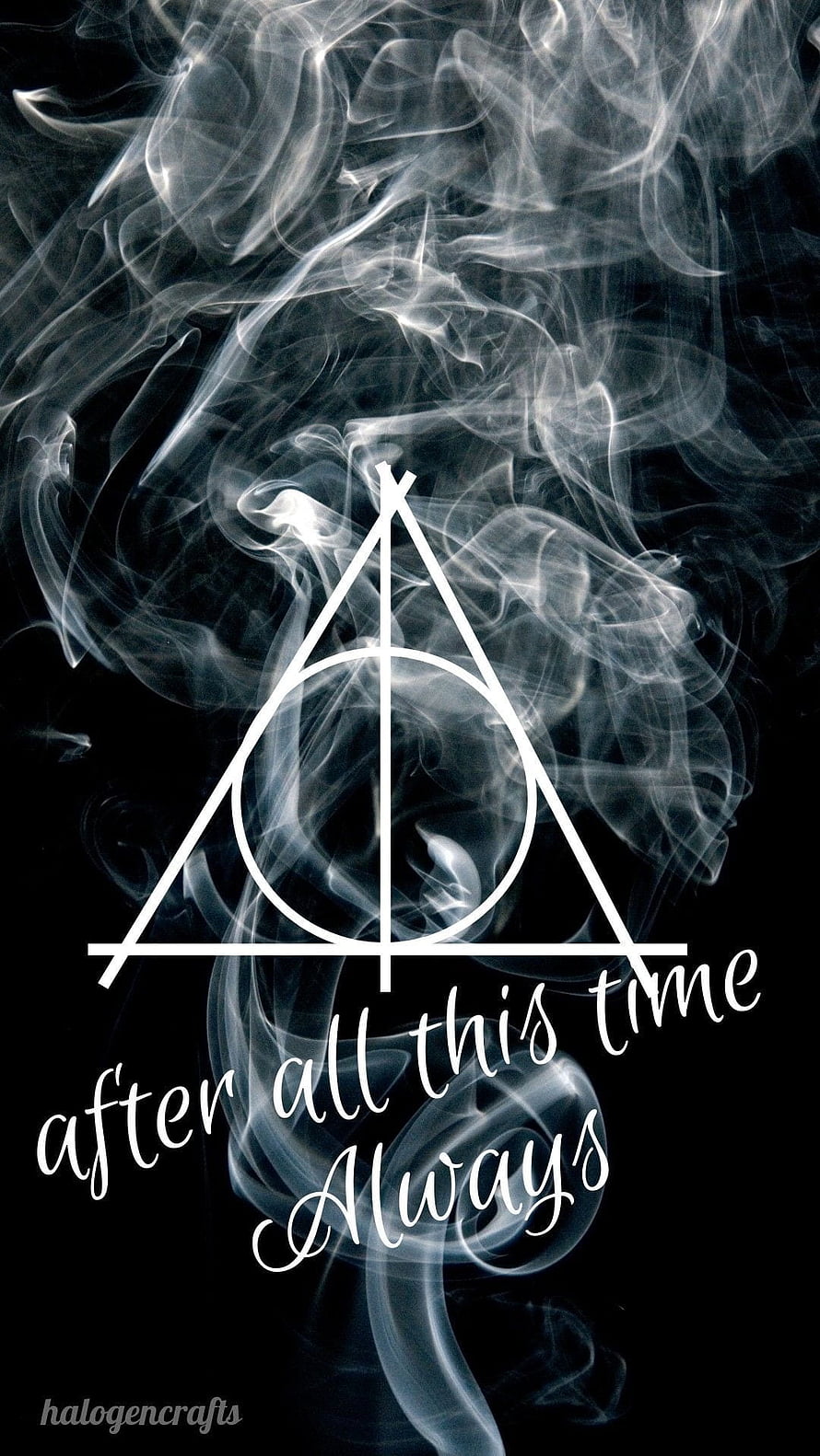 Harry Potter Deathly Hallows Symbol with Ethereal Smoke and Always Text HD phone wallpaper
