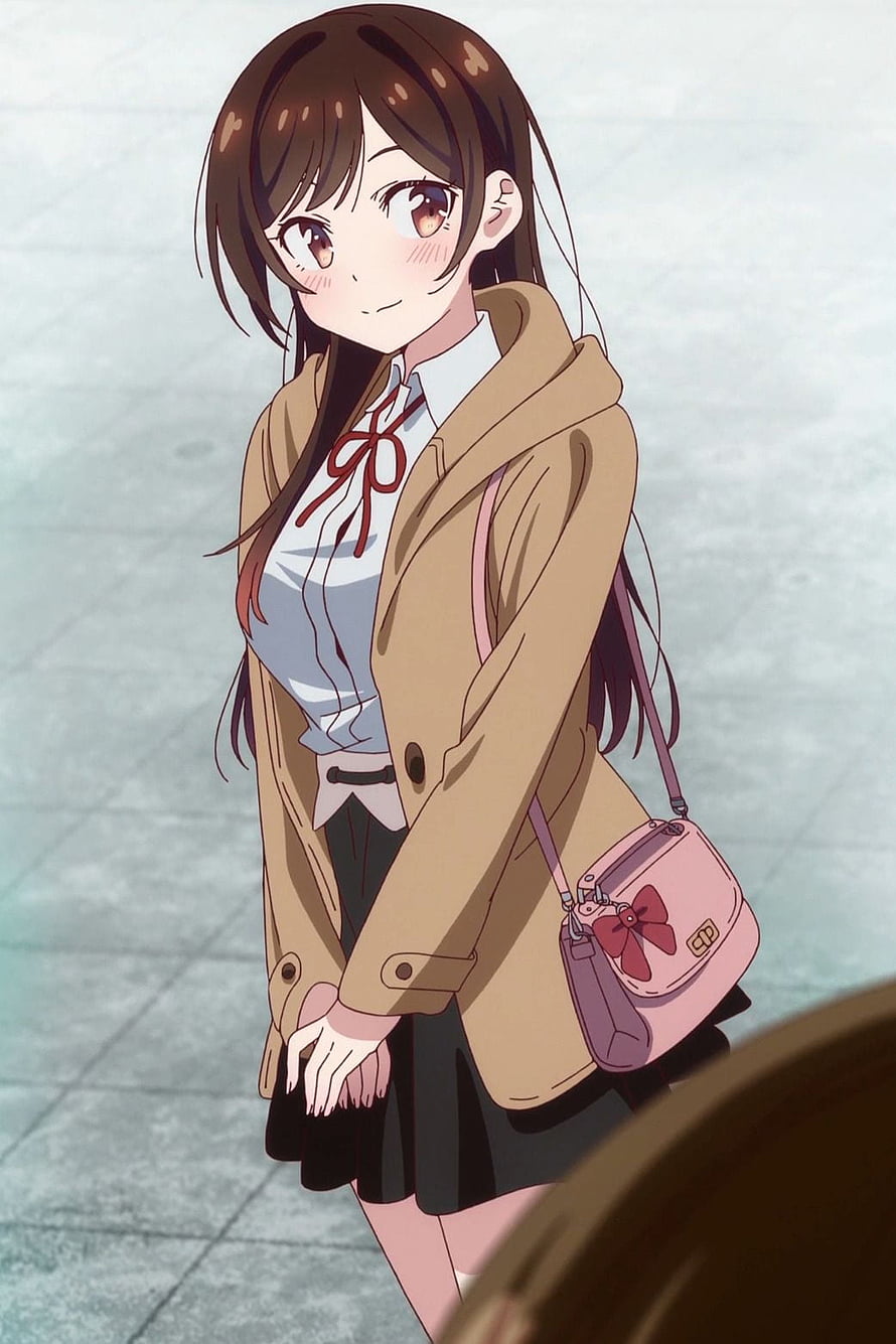 Mizuhara Chizuru Anime Girl in School Uniform with Tan Coat and Pink Handbag HD phone wallpaper