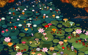 Mokuya Pixel Art Pond with Mushrooms and Lotus Flowers HD wallpaper