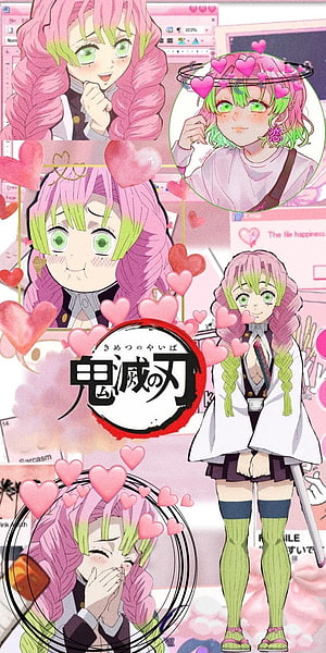 Mitsuri Kanroji Demon Slayer Anime Character Wallpaper with Pink Hearts and Katanas HD phone wallpaper