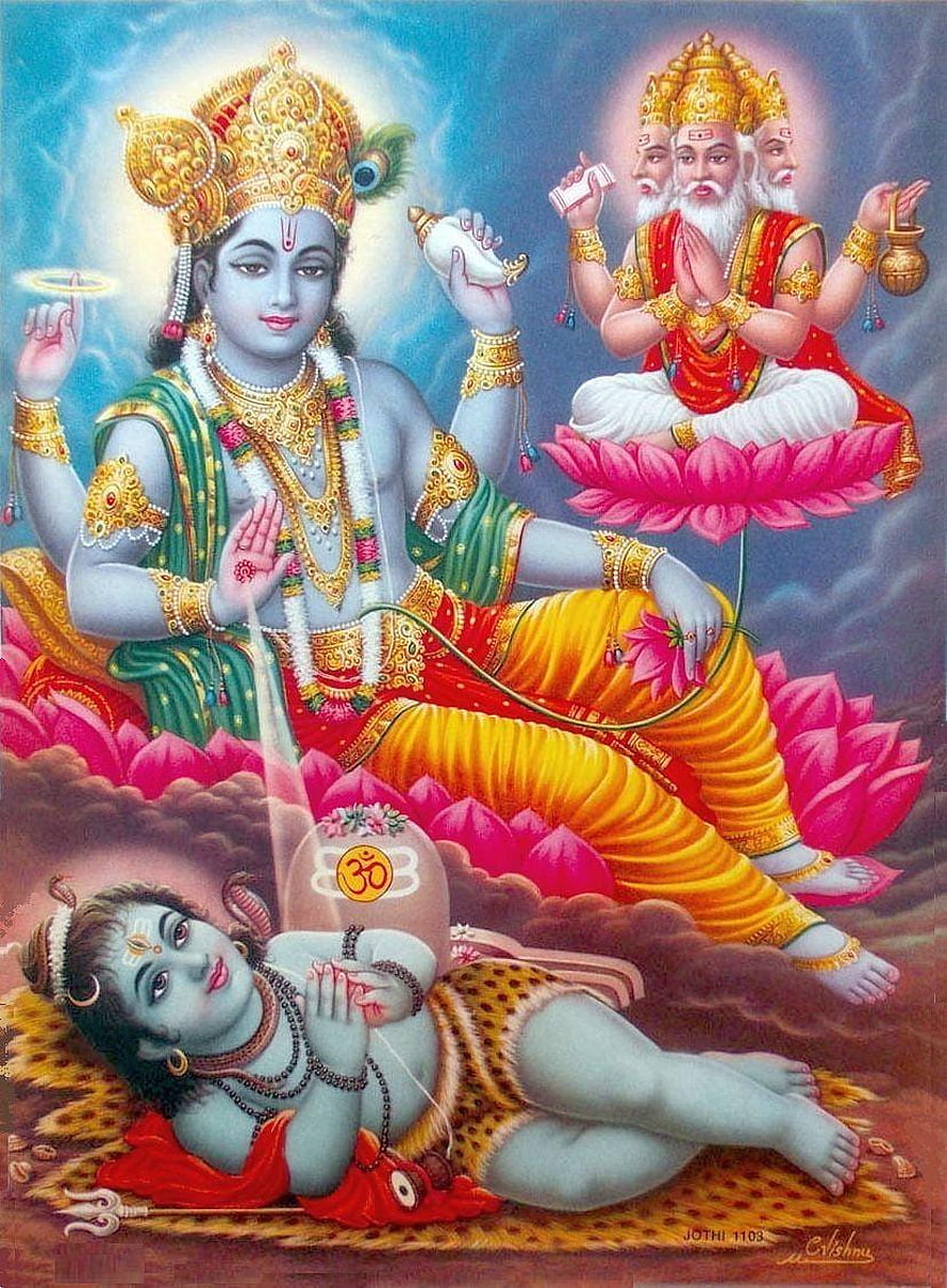 Hindu Trinity Deities: Vishnu, Brahma, and Baby Shiva on Lotus Throne HD phone wallpaper