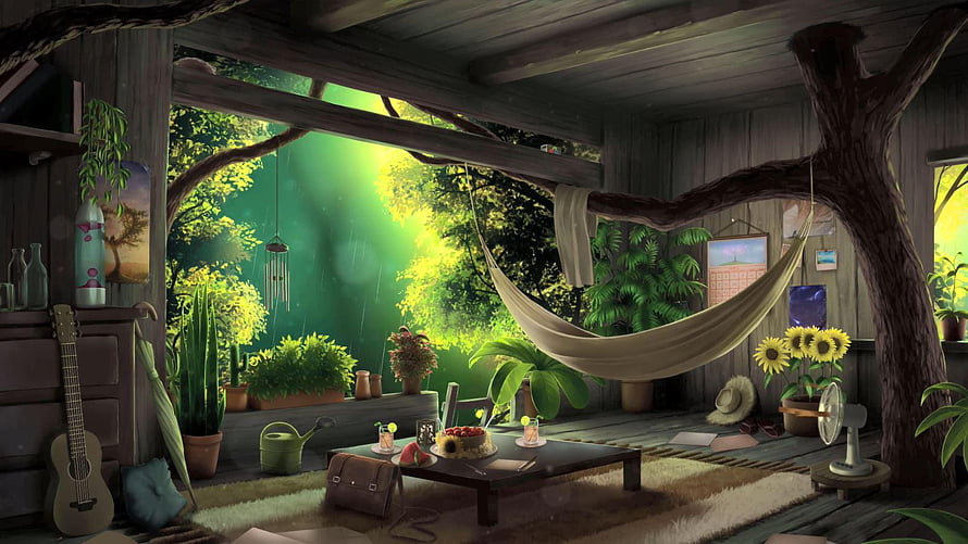 Cozy Wooden Tree House Interior with Hammock and Lush Green Rainy Forest View HD wallpaper