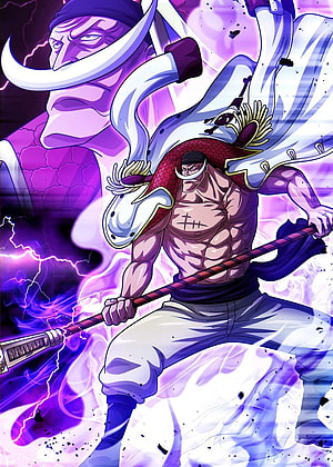 Whitebeard wielding his cutlass in a dynamic One Piece anime battle scene with purple lightning effects HD phone wallpaper