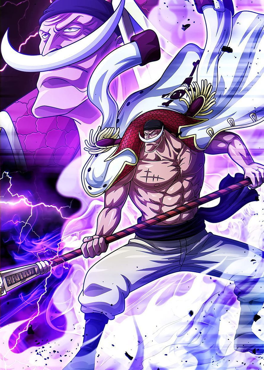 Whitebeard wielding his cutlass in a dynamic One Piece anime battle scene with purple lightning effects HD phone wallpaper