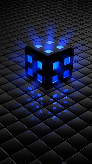 Glowing Blue Digital Cube on Reflective Grid Floor HD phone wallpaper