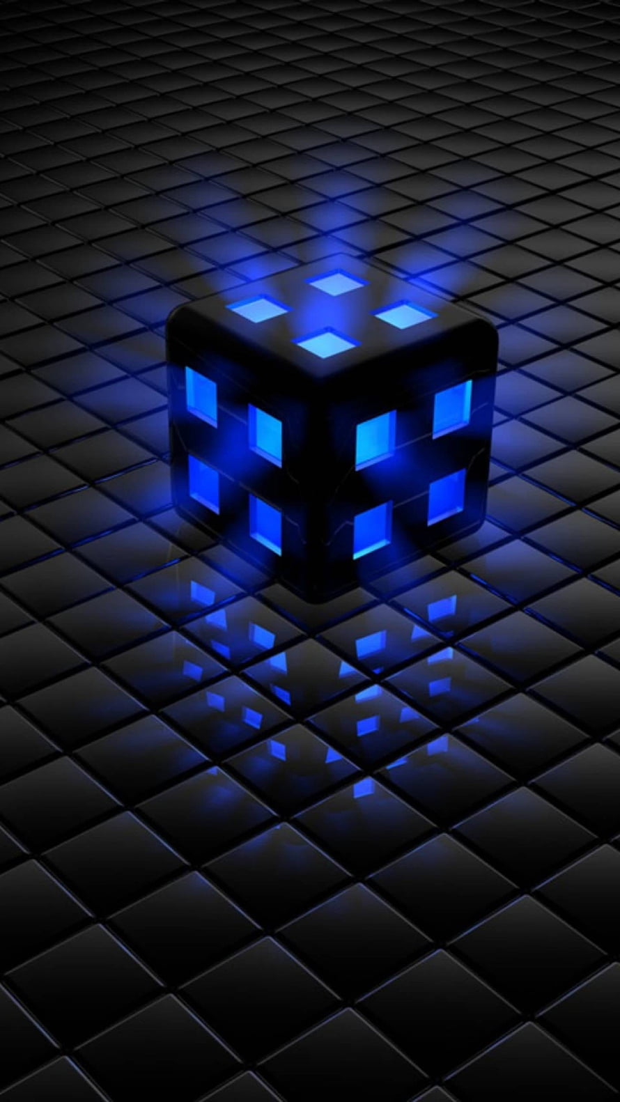 Glowing Blue Digital Cube on Reflective Grid Floor HD phone wallpaper