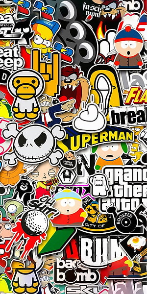 Collage of Pop Culture Stickers Featuring South Park, Simpsons, GTA, and Jack Skellington HD phone wallpaper