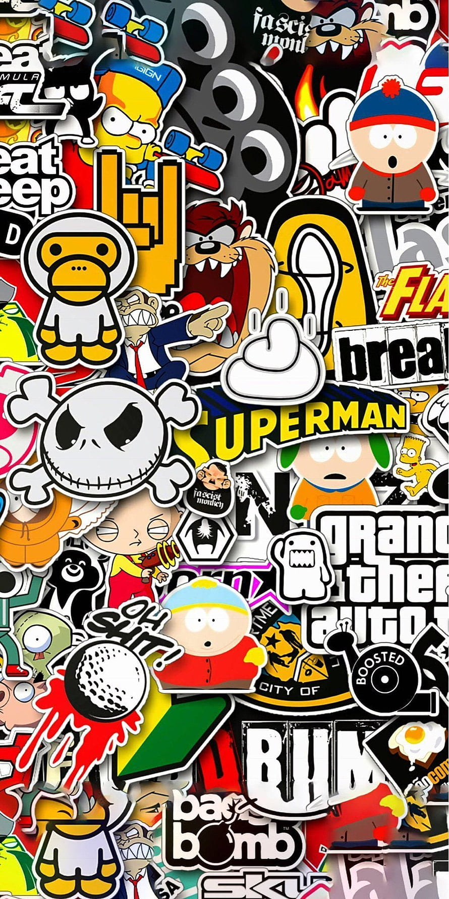 Collage of Pop Culture Stickers Featuring South Park, Simpsons, GTA, and Jack Skellington HD phone wallpaper