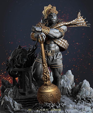 Majestic Hanuman Statue Holding Golden Mace with Ornate Crown and Armor, Hanuman Hindu God, hanuman ji 3d HD phone wallpaper