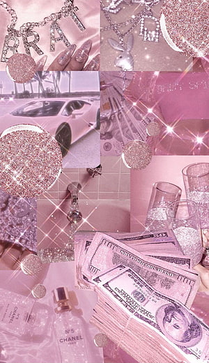 Pink Money Aesthetic Collage Featuring Luxury Cars, Cash, and Chanel Perfume HD phone wallpaper