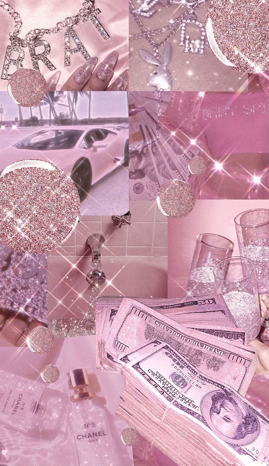 Pink Money Aesthetic Collage Featuring Luxury Cars, Cash, and Chanel Perfume HD phone wallpaper