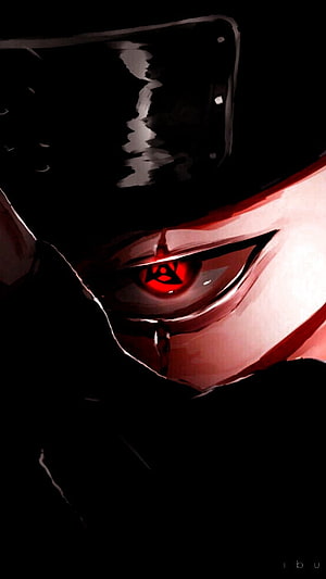 Dark Anime Character with Glowing Red Sharingan Eye and Black Hat HD phone wallpaper
