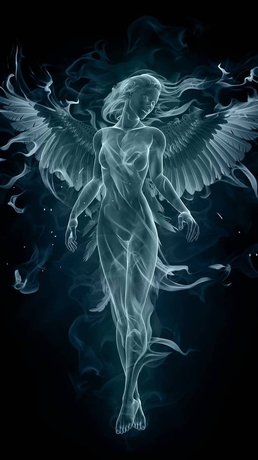 Ethereal Smoke Angel with Feathered Wings in Dark Fantasy Digital Art HD phone wallpaper